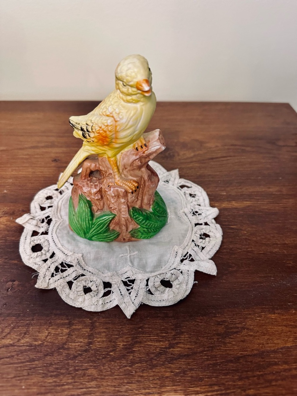 Vintage Yellow Ceramic Budgie Figurine on Tree Stump - Decorative Bird Accent